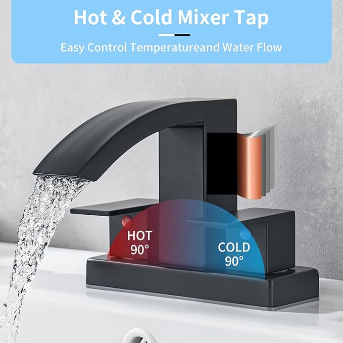 4 Inch Centerset Bathroom Faucet, 2-Handle Waterfall Sink Faucet 3 Hole, Matte Black Vanity Faucet with Pop Up Drain & cUPC Supply Hoses,Waterfall Bathroom Faucet for Lavatory