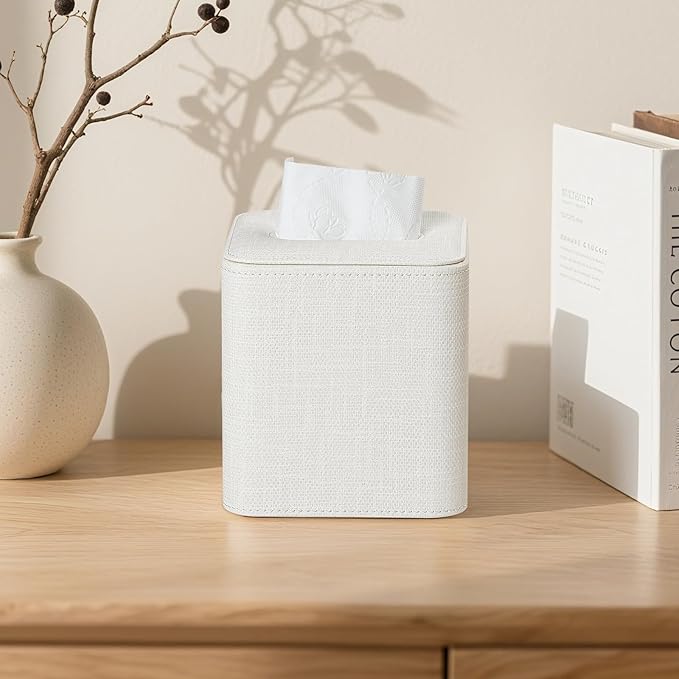 Square Tissue Box Cover with Magnetic Closure, Modern PU Leather Tissue Box Holder for Bathroom Vanity Countertop Night Stands Bedroom Office Desk, Stylish Cube Tissue Holder (Cream)