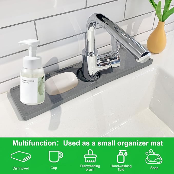 Gosmol Faucet Mat - Silicone & Stone Drying Mat, Water Absorbing Stone Tray - Prevents Moisture Buildup - Sink Splash Guard - Grey