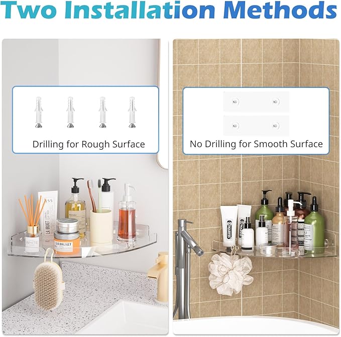 2 Pack Acrylic Corner Shower Caddy, Clear Corner Shower Shelf with 4 Hooks, Adhesive Wall Mounted Bathroom Shower Shelf Organizer for Inside Shower & Kitchen Storage