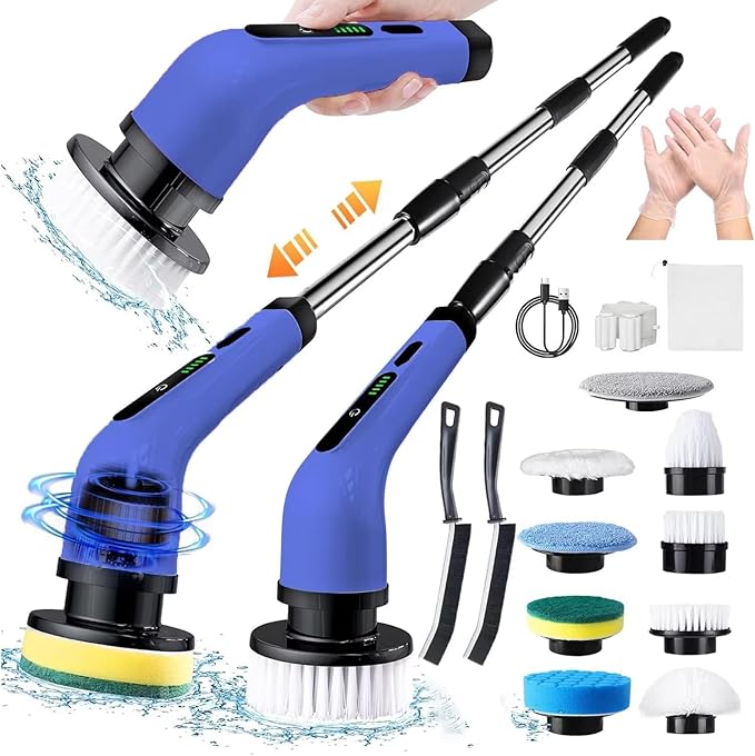 Electric Rotating Floor Scrubber Rechargeable Cleaning Brush Scrubber for Home, 3 Adjustable Size,2 Adjustable Speeds for Bathroom Shower Bathtub Car, (Blue) Cleaning Brush