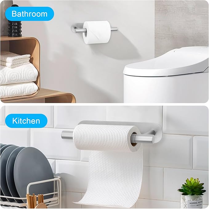 2 Pieces Self Adhesive Brushed Nickel Toilet Paper Holder, Commercial Toilet Paper Dispenser Toilet Roll Holder, Double Base Paper Towel Holder Wall Mount No Drilling for Bathroom, Kitchen