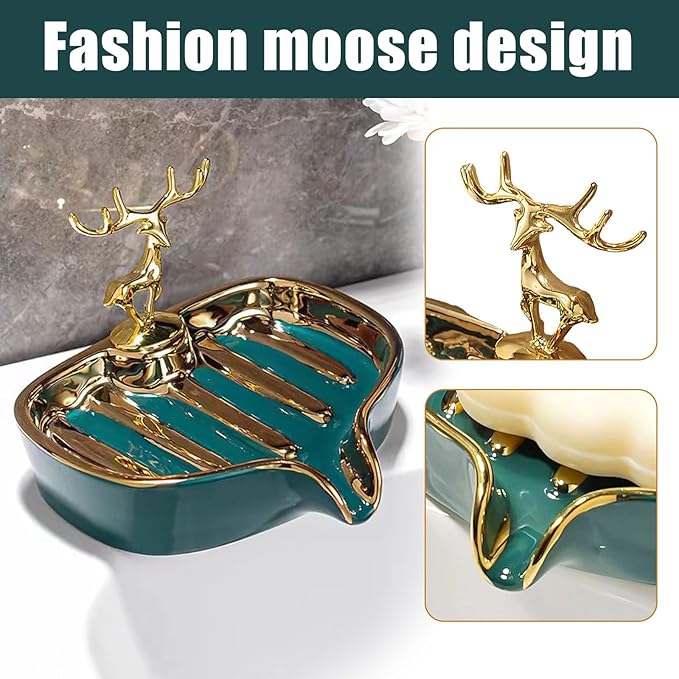 Soap Dish, Luxurious Ceramic Soap Dish Self Draining Soap Holder Tray Easy Cleaning Soap Saver for Shower Bathroom Kitchen Sink Bathtub Hotel Travel(Green Painted in Gold)