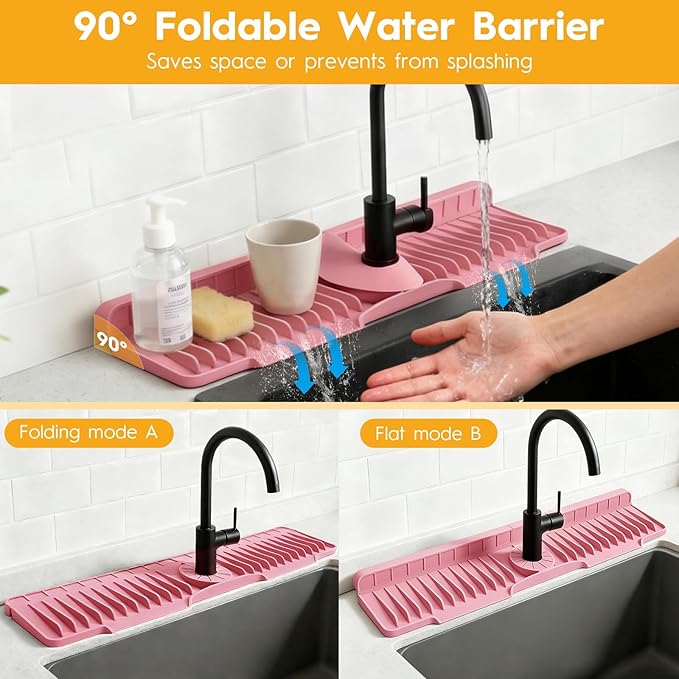 16" Silicone Faucet Mat for Kitchen Sink Released in 2026,8° Slope Fast Self-draining-Kitchen Sink Splash Guard,Bathroom Kitchen Sink Area Water Splash Guard Behind Faucet Draining Mat(Pink)