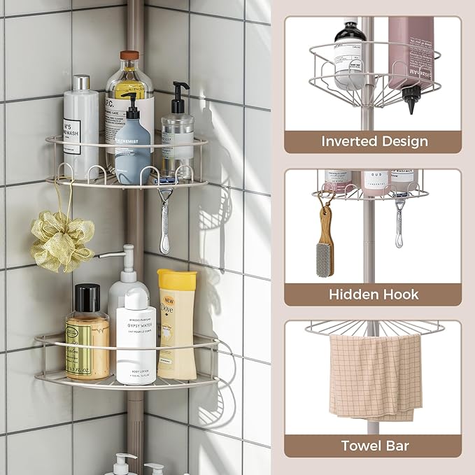 Corner Shower Caddy Tension Pole, 4 Tier Adjustable Bathroom Organizer Shelves, Shower Storage With Hidden Hook & Towel Holder,63.7-119 Inch No-Drill Quick Installation Shower Rack,Sliver