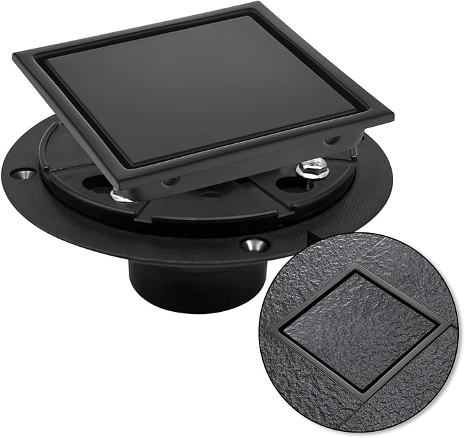 4 Inch Square Shower Drain with Flange, Removeable Grate SUS 304 Stainless Steel Shower Drain with Hair Catcher (Matte Black-1, 4 Inch)