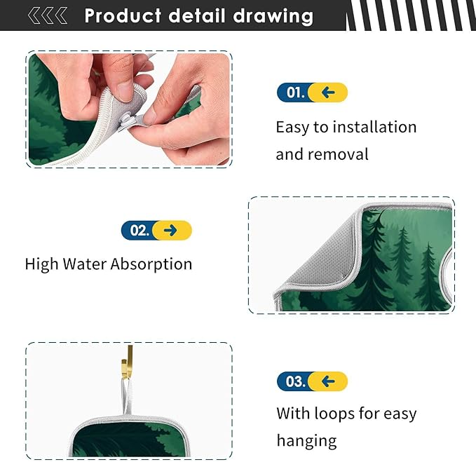 2 PCS Kitchen Sink Splash Guard 14.9 Inch Faucet Mat for Kitchen Sink Bathroom Sink Faucet Absorbing Drip Drain Mat Pad Microfiber Soft Washable Green Mountain Forest Trees