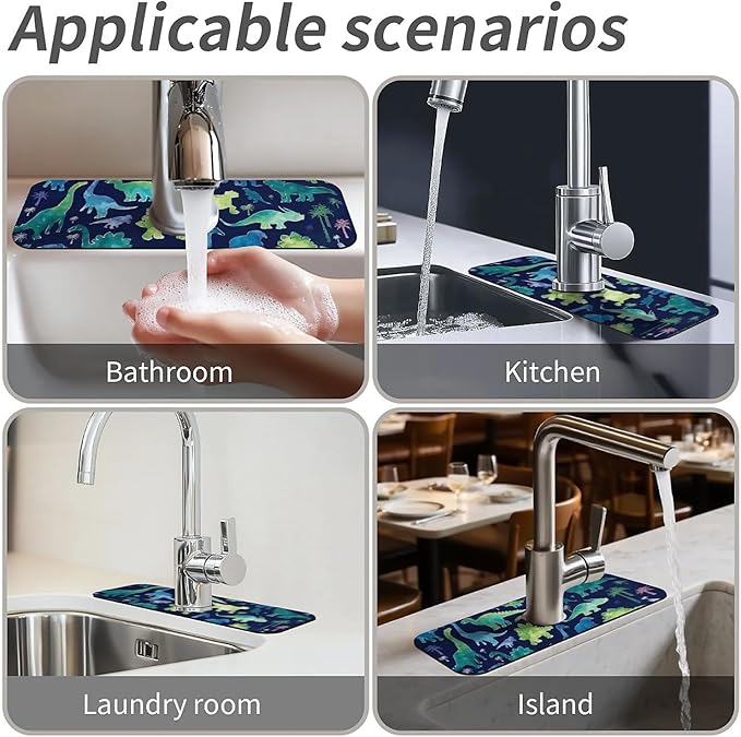 Kitchen Sink Splash Guard，Watercolor style dinosaurs Faucet Mat Sink Gadgets-Super Absorbent Fast Drying Mat Drip Catcher for Kitchen, Bathroom,Sink Mat, Dish Drying Mat, Bathroom(15" X 5.5" )