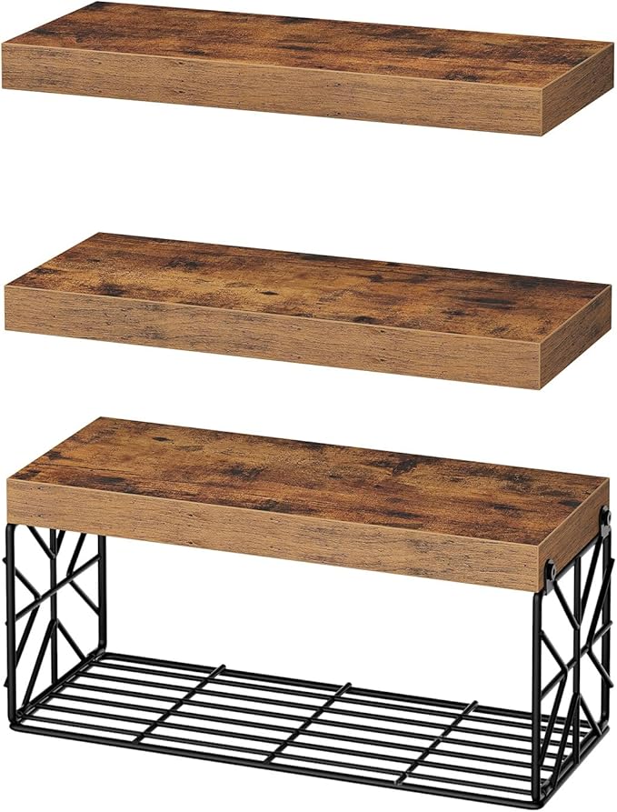 Bathroom Shelves Over Toilet Set of 3, Floating Shelves for Wall Toilet Paper Storage, 1.5" Thick Hanging Shelf, Farmhouse Wall Decor for Bathroom Living Room, Kitchen, Rustic Brown 4001BJBF