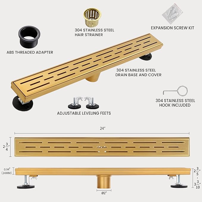 24 Inch Linear Shower Drain, Brushed Brighter Gold Shower Drain,Removable Grate, 304 Stainless Steel, Easy to Install and Clean for Bathrooms (Drain Base Not Included), LSD-01A-24BG