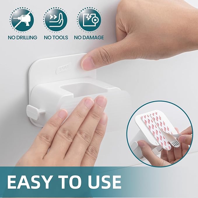 TAILI Mop and Broom Holder Wall Mount Grippers, 2 Hangers and 6 Adhesive Strips, Damage Free Hanging Wall Mount, Household Cleaning Organizer for Organization and Storage, Holds up to 4 lbs, White