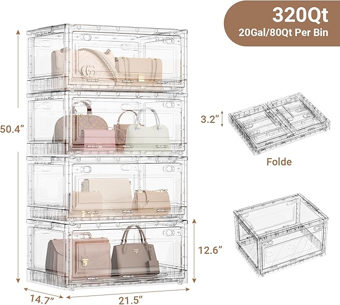 BROVIEW 320Qt Stackable Storage Bins with Lids Wheels, XL Clear Plastic Drawers Foldable Closet Organizers and Storage Cabinet Display Box Shelves with Front & Back Doors, for Home Office Garage,4Pack