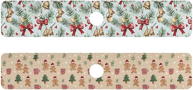 Bows Holly Bell Beige Gingerbread Snowflakes Kitchen Sink Splash Guard Sink Faucet Mat Faucet Handle Drip Catcher Drain Mats for Kitchen Bathroom Countertop Absorbent Dish Drying Pad 2Pack 14