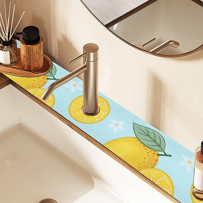 Kitchen Sink Splash Guard Sink Faucet Mat Faucet Handle Drip Catcher Drain Mats for Kitchen Bathroom Countertop Absorbent Dish Drying Mat Pad16 2pack 30x5.4Inch Lemon Blue