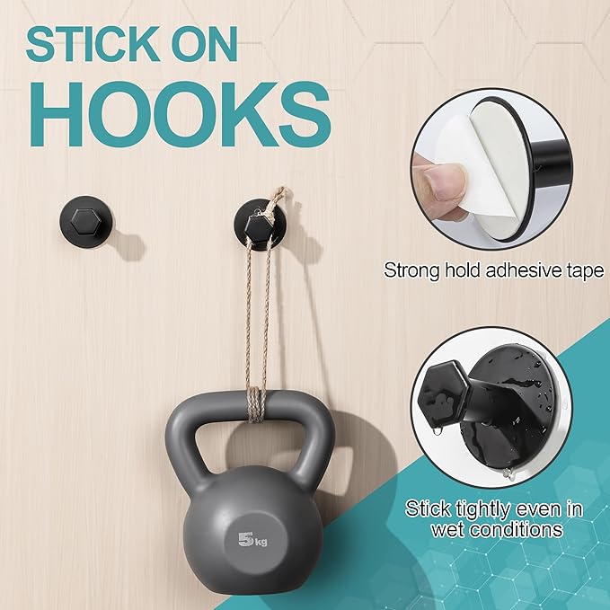 SAYAYO Adhesive Hooks for Hanging Coat, Hat, Robe, Brushes, Stick on Towel Hooks for Bathroom Kitchen, Waterproof SUS304 Stainless Steel Sticky Wall Hooks, No Nails, 4 Pack, Black