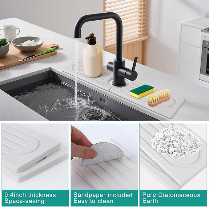 15.7”Drying Stone Faucet Mat for Kitchen Sink-Diatomite Quick Dry Kitchen Sink Splash Guard, Water Absorbent Diatomite Stone Tray,Durable Protector for Bathroom Counter (white, 15.7" X 3.9")