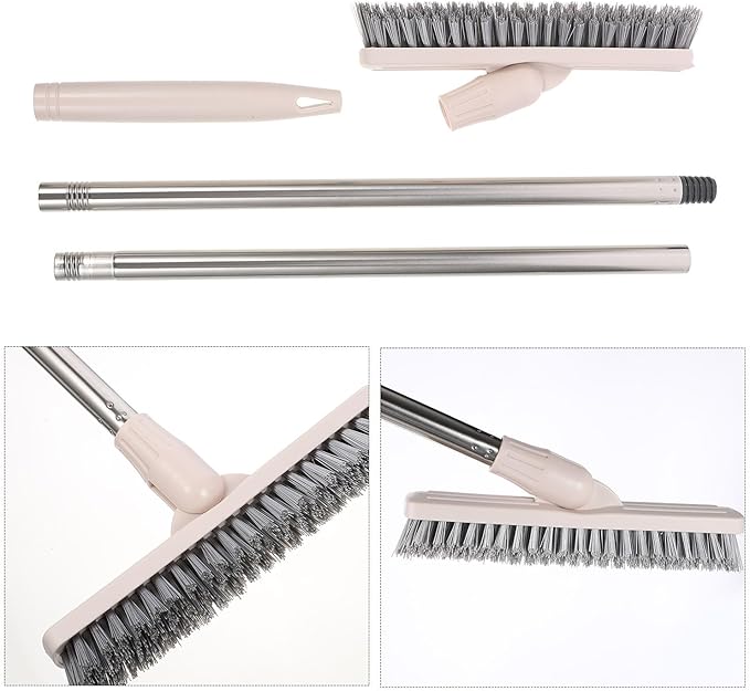 TEHAUX Long Handle Floor Scrub Brush with Rotatable Head, Tile and Grout Crevice Cleaning Brush for Bathroom and Wall Surfaces, Beige Hard Bristle Scrubber for Home Cleaning