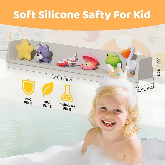 Bathtub Splash Guard for Kids - 2.6 Ft Length with Toy Tray & 11 Strong Suction Cups, Silicone Splash Guard for Easy Clean & Fold,Universal for Tubs,Bathroom & Kitchen Sinks