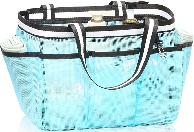 Ocim Large Portable Mesh Shower Caddy Bag Tote for Big Size Shampoo Bottles, Collapsible Quick Dry for College Dorm, Camping, Beach Pool Bathroom, Lake Blue