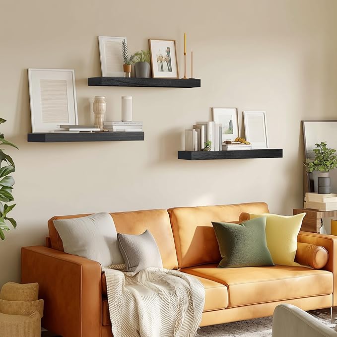 Floating Wall Shelf 16x6.8x1.7 Inch – Solid Wood Shelf in Black Finish – Wall Mounted Rustic Display Organizer for Bathroom, Kitchen, Bedroom, Small Spaces – Set of 3