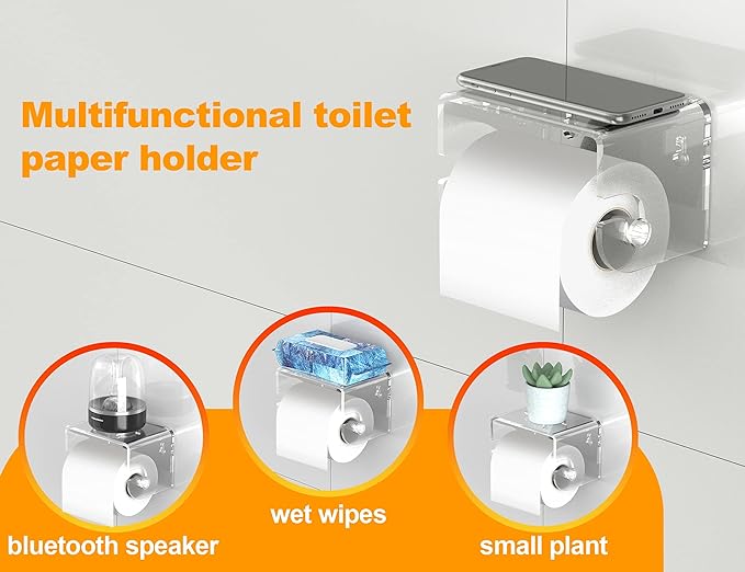 Adhesive Toilet Paper Holder with Shelf, Bathroom Toilet Paper Roll Stand, Wall Mounted Tissue Storage Holder, Acrylic Bathroom Accessories, with 3M Self Adhesive No Drilling (Clear)