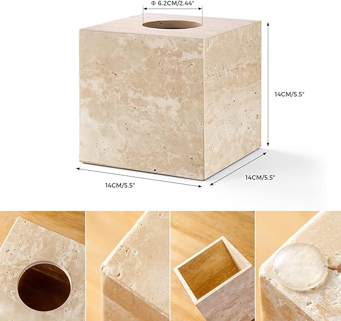 Natural Travertine Marble Tissue Box Holder Cover, Square Cube Tissue Box Holder with Open Bottom for Bathroom Vanity Tops, Bedroom Dressers, Kitchen Countertop, Travertine Beige(NS022)