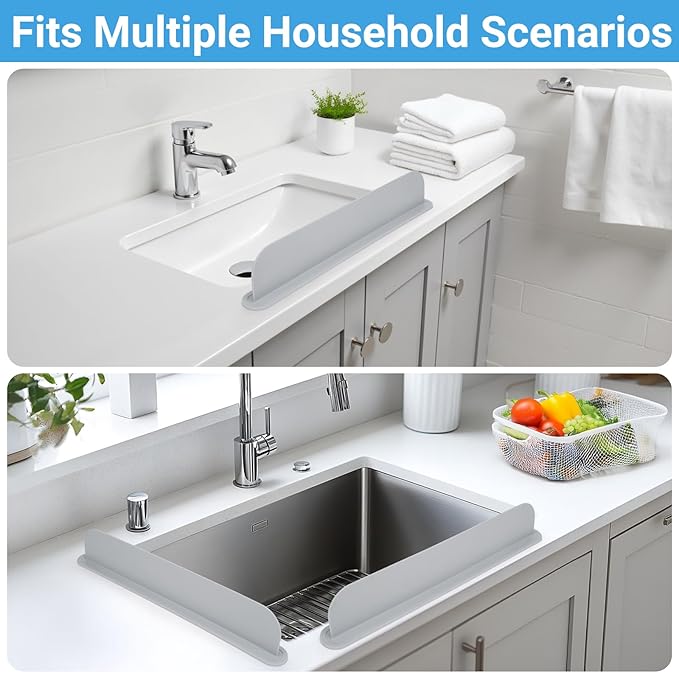 19.29 inch Kitchen Sink Splash Guard, Silicone Sink Baffle Splash Guard, Backsplash Protector for Kitchen Countertop & Bathroom Bathtub with Non-Slip Strong Suction, Gray, Pack of 2