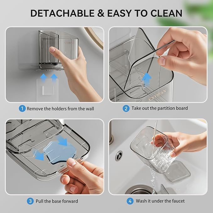 Toothbrush Holders for Bathrooms, 3 Slots Detachable Electric Toothbrush Holder Wall Mounted with Divider, Removable Tooth Brush and Toothpaste Holder Organizer for Bathroom/Kitchen/Office