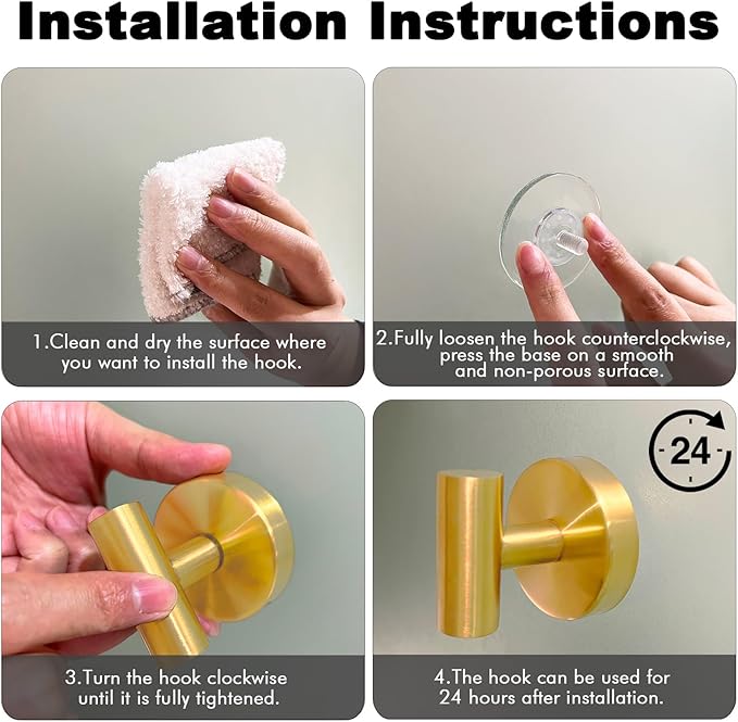 Suction Cup Shower Towel Hooks, Wall Mount Robe Holder, Heavy Duty No Drill Wall SUS304 Waterproof Stainless Steel Hooks for Bedroom, Bathroom, Kitchen, Hotel and Office (2*Brushed Golden)