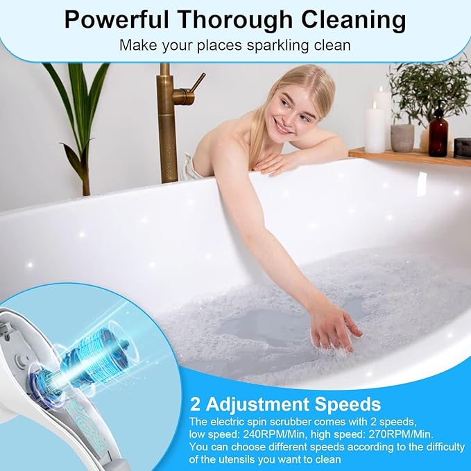 Cordless Handheld Rechargeable Electric Rotary Scrubber with 3 Replaceable Brush Heads, Suitable for Cleaning Tableware/Bathroom/Floor/Sink/Window