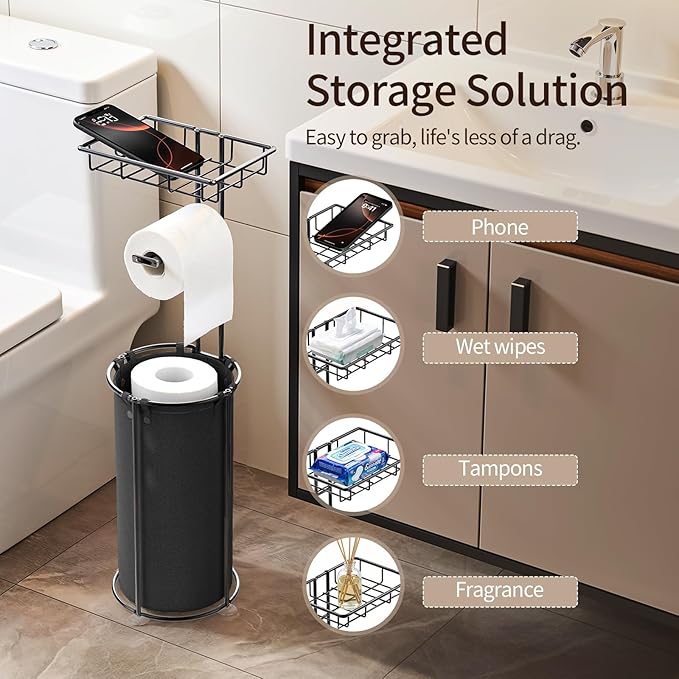 Lewondr Free Standing Toilet Paper Holder, Toilet Paper Holder with Shelf, Bathroom Tissue Roll Storage Rack with Storage Bag for 3 Rolls of Tissue, Black