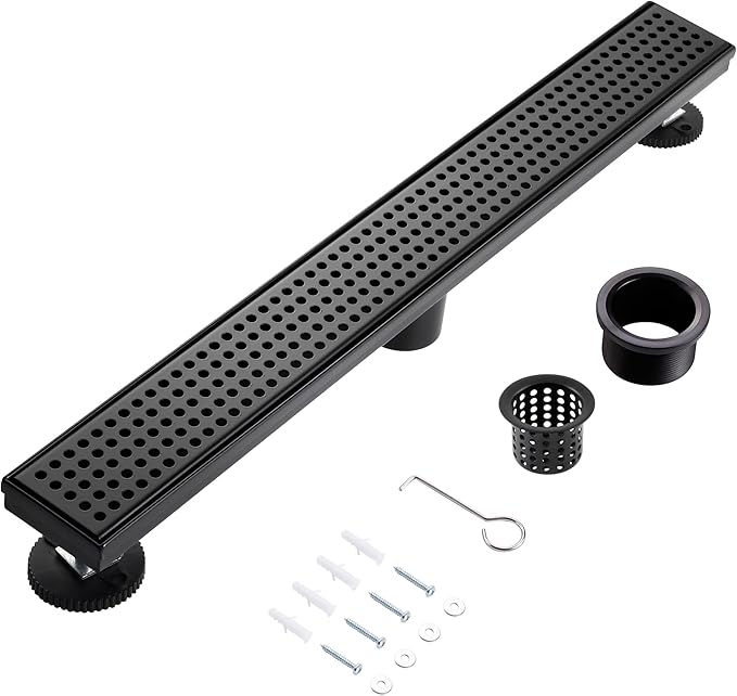 12 Inch Linear Shower Drain, Matte Black Shower Drain,Removable Grate, 304 Stainless Steel, Easy to Install and Clean for Bathrooms (Drain Base Not Included), LSD-04A-12B