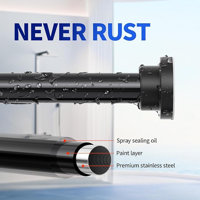 Shower Curtain Rod, 1" Diameter Heavy Duty Tension Shower Rod, Non Slip Adjustable 28-46 inch No Drilling Shower Curtain Rods Spring Tension For Bathroom, Shower Stall, No Rust, Black