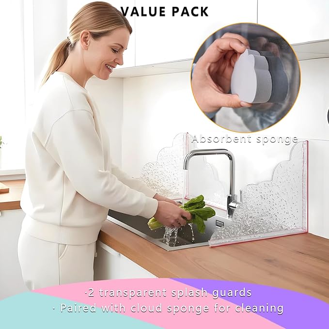 2 Pack Shower Splash Guard, Adhesive Bathtub and Sink Corner Water Guards, Clear Water Barrier with Cloud Sponge for Bathroom, Tub, Shower Stall