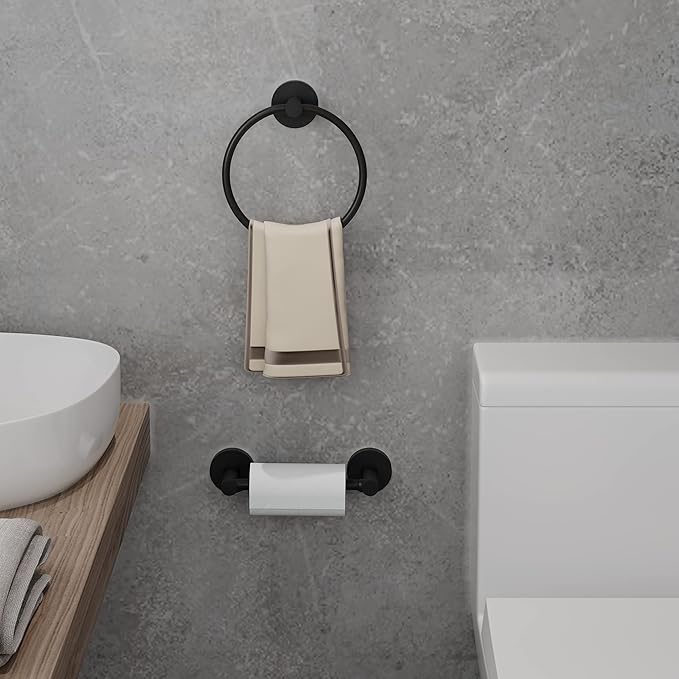 Bathroom Hardware Set 2 Piece-Black Towel Ring and Toilet Paper Holder Stainless Steel and Zinc Alloy Bathroom Hand Towel Holder Towel Hanger Matte Black Wall Mounted (Update)