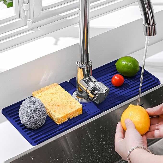 Faucet Mat for Kitchen Sink, Silicone Faucet Handle Drip Catcher Tray, Drying Mat as Sponge and Soap Holder with Lateral Inflow for Kitchen Bathroom Farmhouse & RV Sink Accessories (Blue)