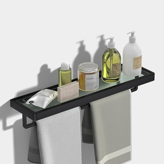 Floating Glass Shelves for Bathroom 20-in with Towel Bar/Tempered Glass Rectangular 1 Tier Organizer Shelf (Matte Black, 20'')