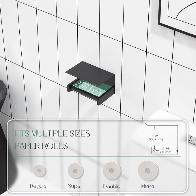 KOKOSIRI Roll Paper Holder Spring Loaded Tissue Paper Holder Bathroom Toilet Roll Holder with Shelf Wall Mounted Stainless Steel Matte Black B2012BK