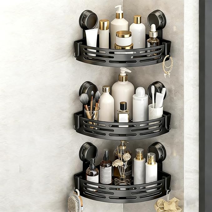 Triangle Suction Cup Shower Caddy, No-Drill Bathroom Corner Shelf, Small Bathroom Storage Cabinet, Easy To Install, Heavy-Duty Strong Hold Shower Storage Rack For Shampoo & Soap (Black*3)