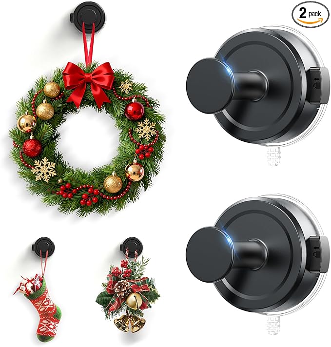 JOTPE Suction Cup Hooks, Hanging up to 22 lbs, Easy to Install, Removable Towel Hooks for Bathrooms,Kitchen,Glass Door,Mirror,Tile - Hangable Loofah,Towel,Coat,Bath Robe,Door Wreaths -2 Pack (Black)