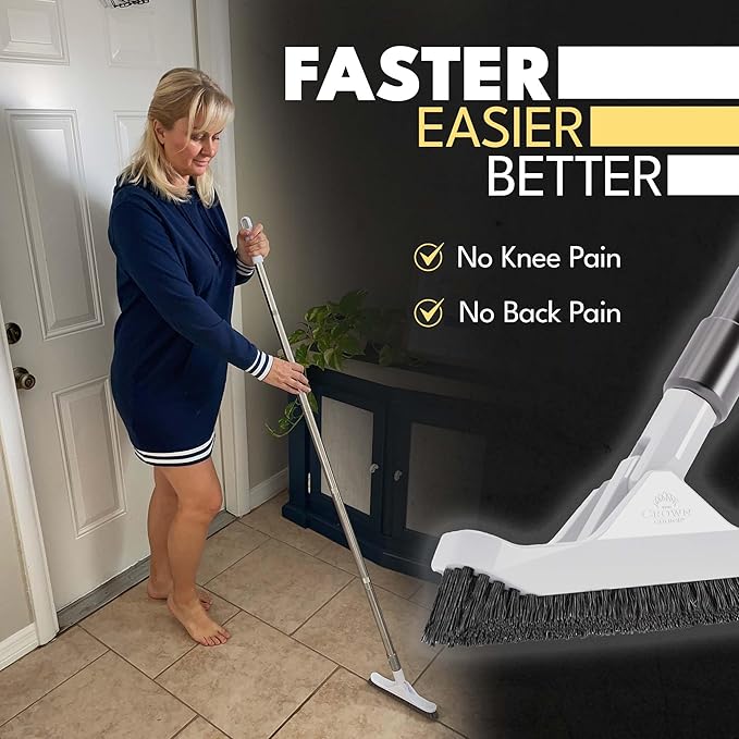 The Crown Choice Grout Brush with Long Handle - Heavy Duty Cleaner & Grout Scrubber Tool - Deep Cleaning Hard Wood, Tile, Floors - Silver Bristles & Stainless Steel - Silver Handle