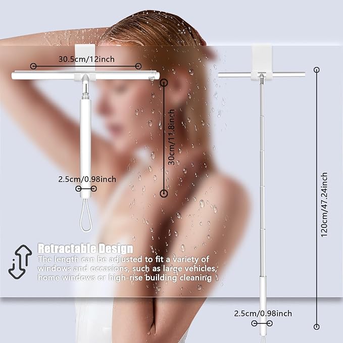 Shower Squeegee Shower for Shower Glass Doors, Squeegee Window Cleaning, 47'' Telescopic Window Washing Kit, Window Cleaning Kit,Professional Window Squeegee, Squeegee Broom Floor (White)