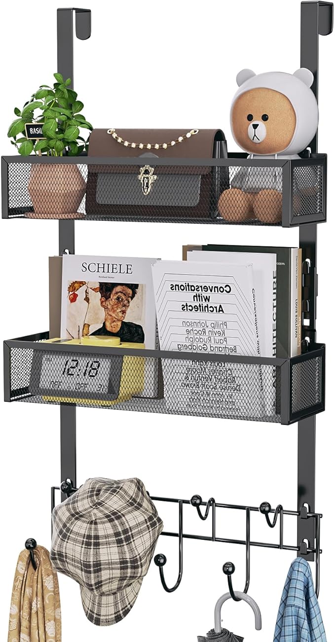 HapiRm Over The Door Hanger with Coat Hooks and 2 Baskets, Rustproof & Waterproof Over The Door Hooks, Storage Organizer for Hats, Bathroom, Kitchen, Bedroom-Black (for 1.76in Doors)