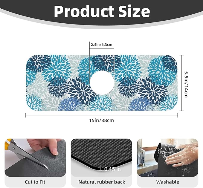 Medallion Dahlia Pinnata Floral Bobo Blue Pink Turquoise Grey Kitchen Sink Splash Guard Faucet Mat 1 Pcs, Absorbent Fast Drying Mat Gadgets Splash Guard For Bathroom 15 X 5.5 Inches