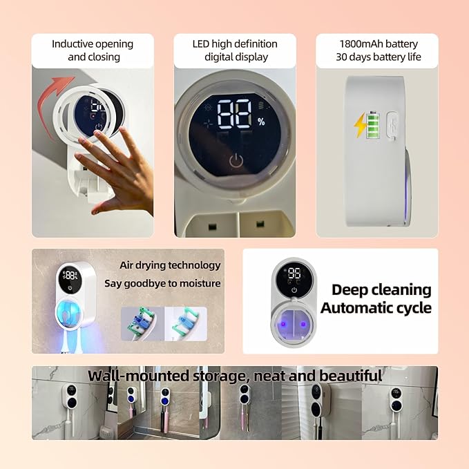 Wall-Mounted Toothbrush Holder for Bathrooms, Auto-Sensing Cover, Cleaner, Air-Drying Function, Rechargeable, with Led Smart Screen, Suitable for Electric and Manual Toothbrushes