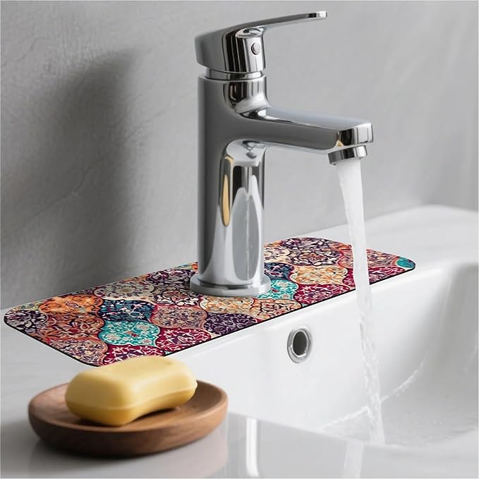 Kitchen Sink Splash Guard，Moroccan tiles Faucet Mat Sink Gadgets-Super Absorbent Fast Drying Mat Drip Catcher for Kitchen, Bathroom,Sink Mat, Dish Drying Mat, Bathroom(15" X 5.5" )