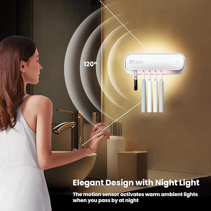 Smart Bathroom Toothbrush Holder, 5 Brush Slots Toothbrush Cleaner with Night Light & Fast Drying, Wall Mounted Rechargeable Toothbrush Organizer for Electric/Manual Toothbrushes (White)