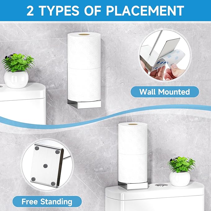 Toilet Paper Storage Wall Mount, Stainless Steel Toilet Paper Holder Stand for 2 Rolls, Extra Tp Roll Organizer Holder for Bathroom, Silver, Cup Lid Organizer