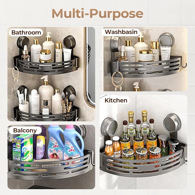Triangle Suction Cup Corner Shelves, 2026 No Drilling Bathroom Storage Rack, Corner Shower Shelf Suction Cup Shower Caddy Corners Organizer Storage Rack Adhesive with Towel Bar (grey, three-layer)