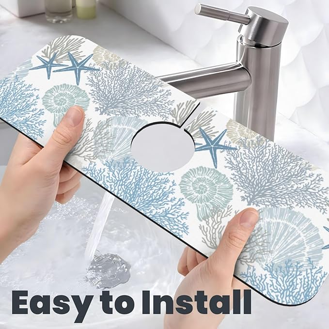 Ocean Sea Shell Starfish Coral Coastal Nautical Kitchen Sink Splash Guard Faucet Mat 1 Pcs, Absorbent Fast Drying Mat Gadgets Splash Guard For Bathroom 15 X 5.5 Inches